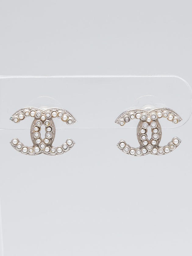 Chanel Silver Metal Faux Pearl and Crystal CC Stud Earrings