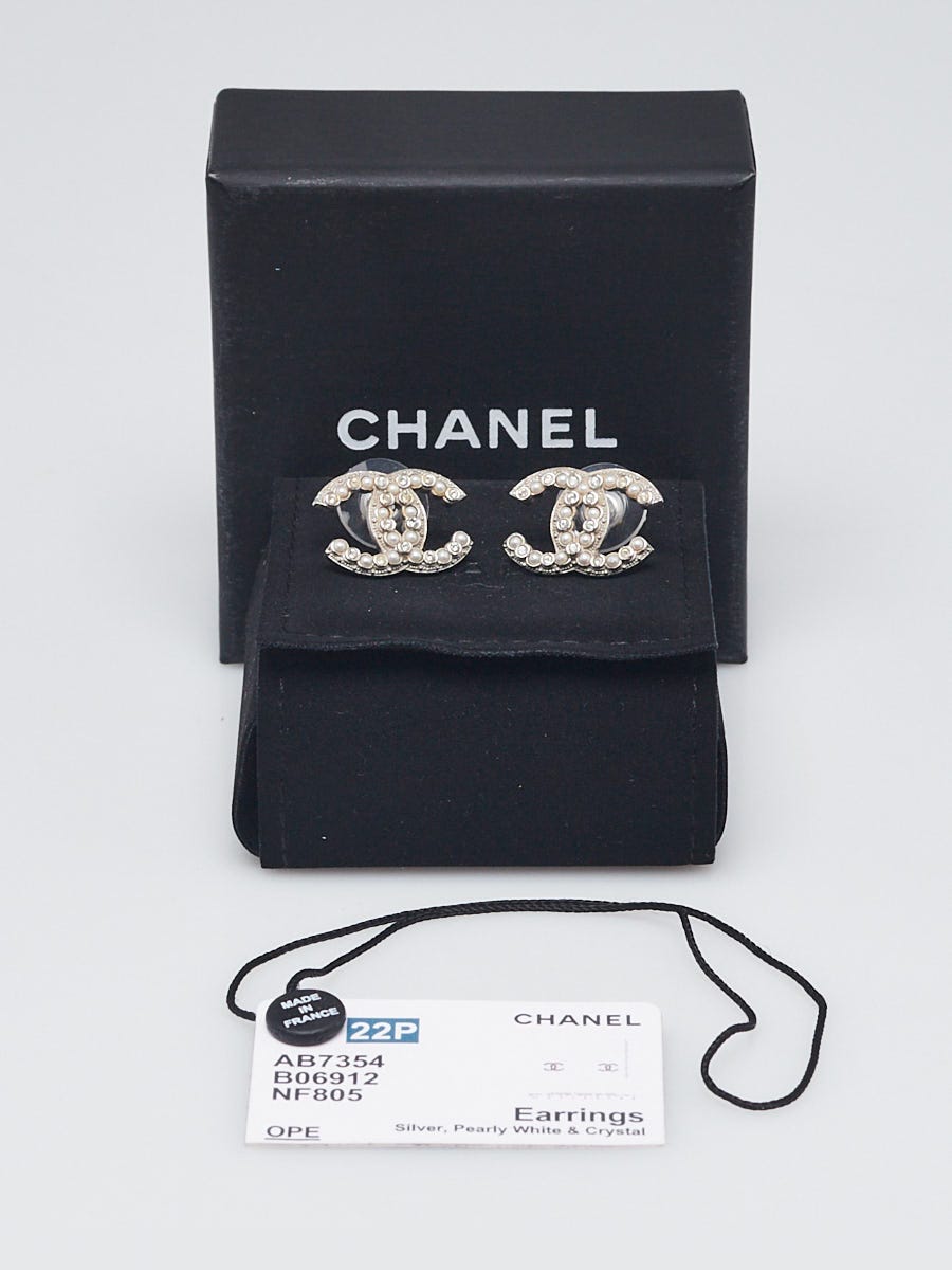 Chanel Silver Metal Faux Pearl and Crystal CC Stud Earrings