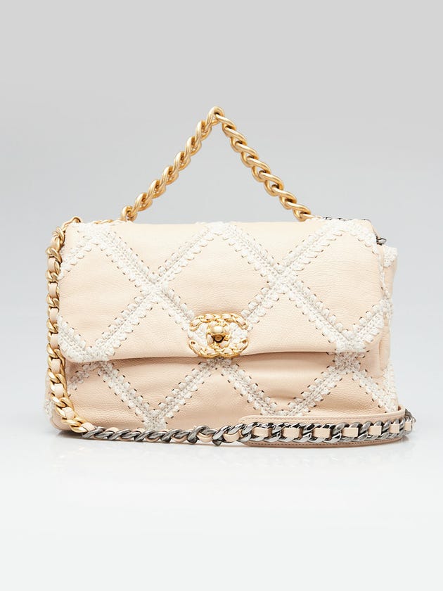 Chanel Beige Calfskin Leather Crochet Tweed Small Chanel 19 Bag
