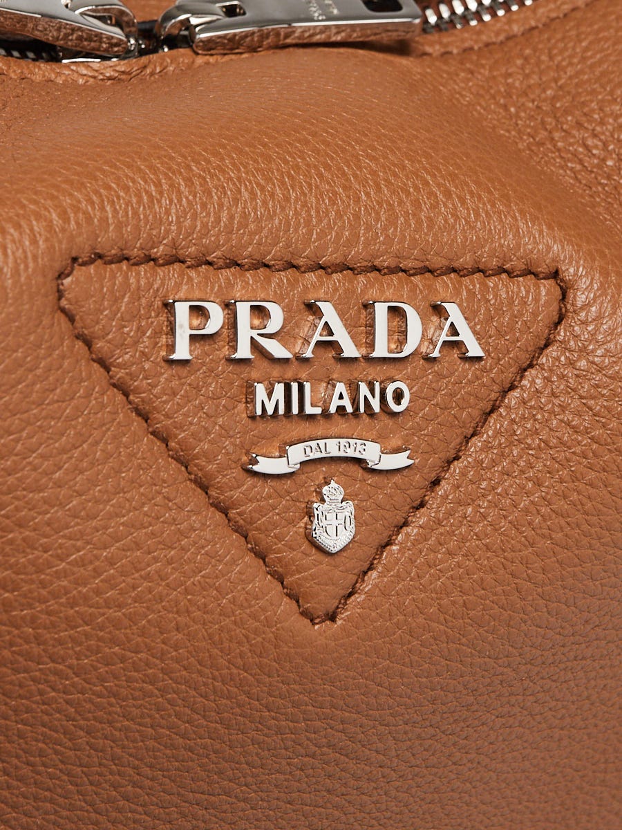 Prada Caramel Pebbled Leather Top Handle Triangle Logo
