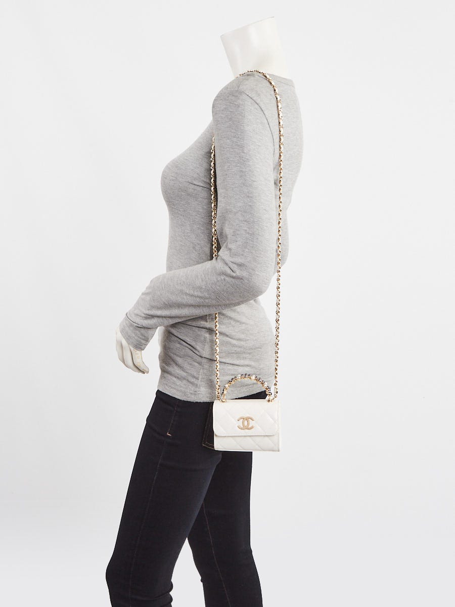Chanel White Quilted Lambskin Leather Pearl Handle Mini Chain