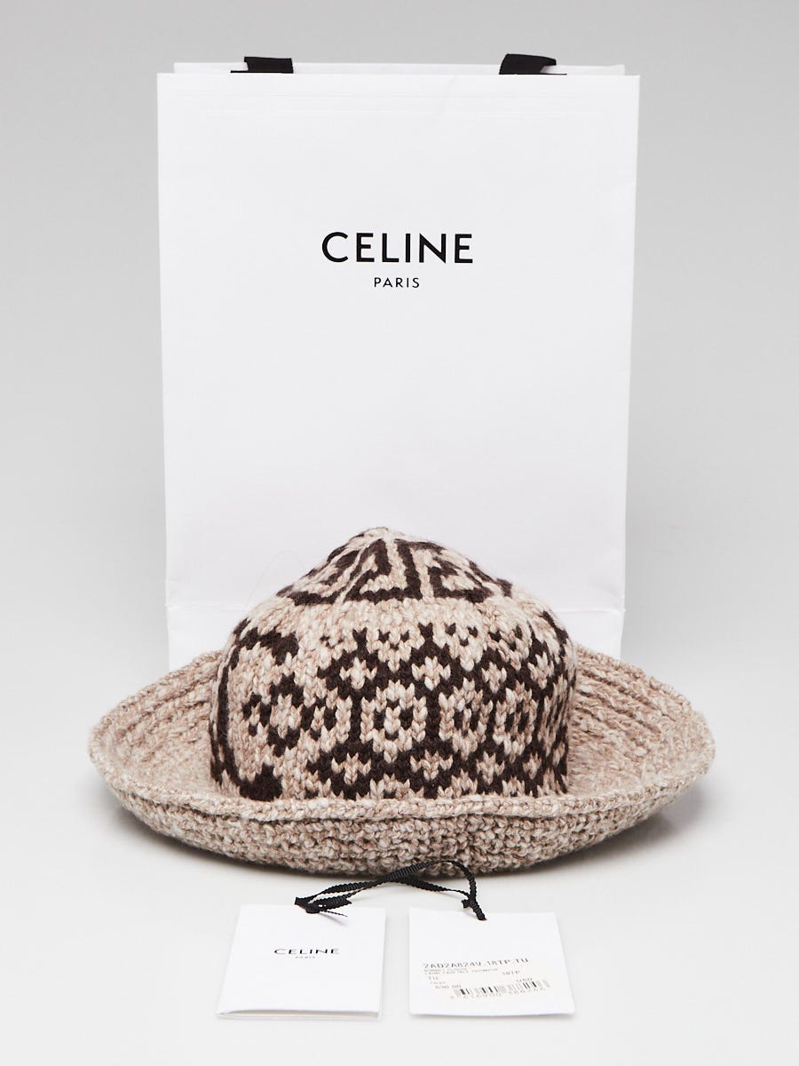 Celine Taupe Wool Knit Triomphe Bucket Hat Size TU