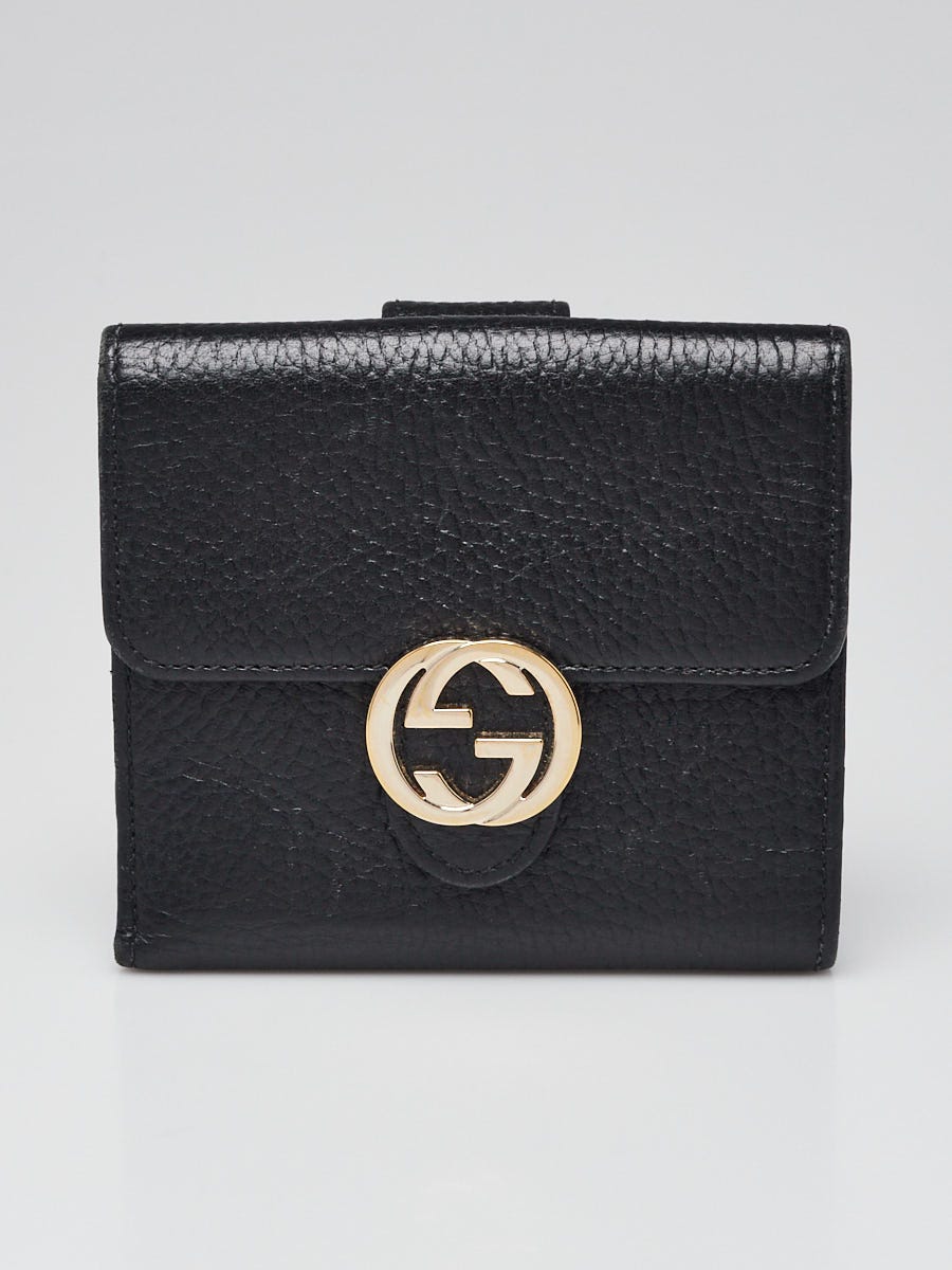 Gucci Black Pebbled Leather Interlocking Compact Wallet | Yoogi's