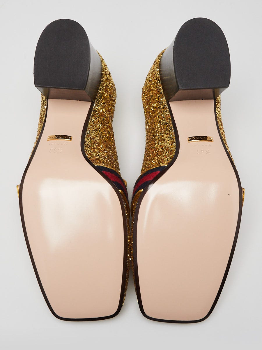Gucci Gold Glitter Leather Peyton Marmont Mid-Heel Loafers