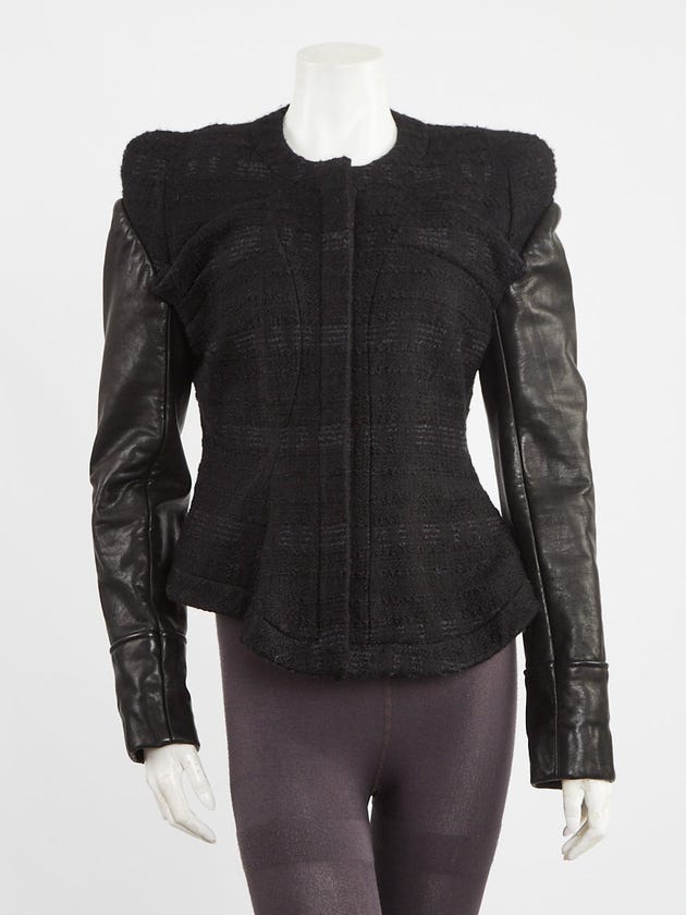 Givenchy Black Wool Blend Tweed Leather Sleeve Jacket Size 6/40