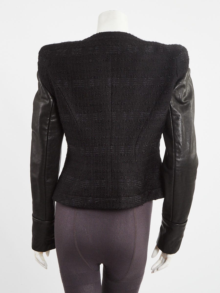 Givenchy Black Wool Blend Tweed Leather Sleeve Jacket Size 6/40