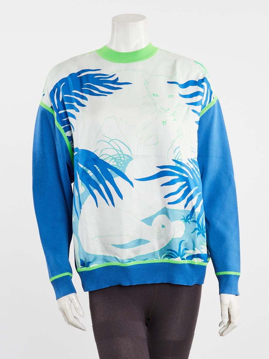 Hermes Blue/Green Silk Blend 'Jungle Love' Crewneck Sweater Size 2/34