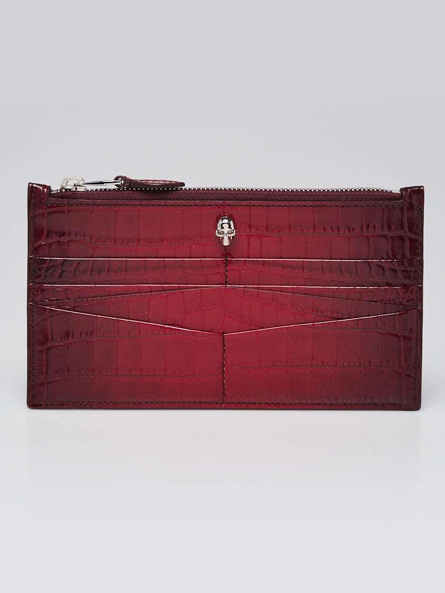 Alexander McQueen Red Croc Embossed Leather Skull Large Zip Card