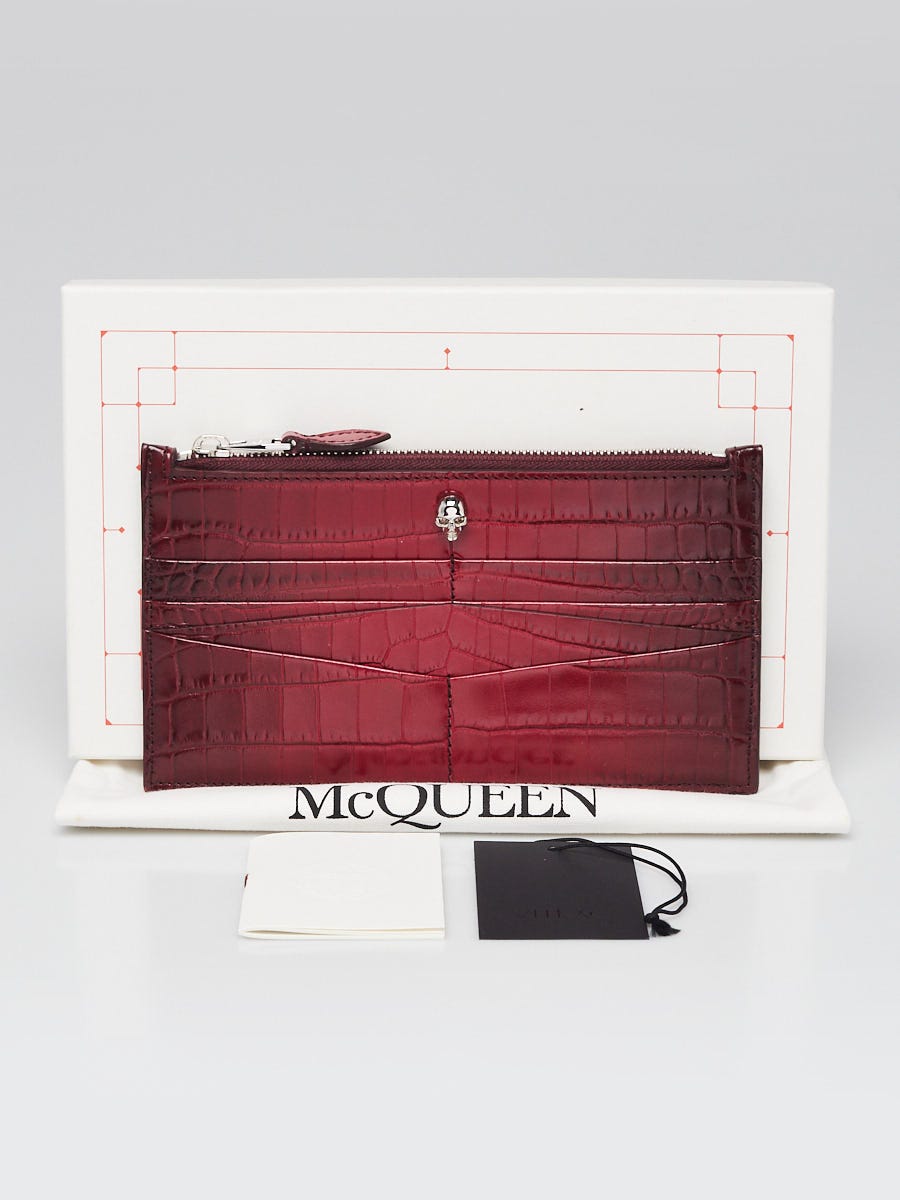 Alexander McQueen Red Croc Embossed Leather Skull Large Zip Card Holder Wallet