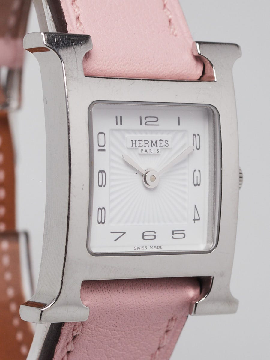 Hermes Rose Sakura Swift Leather and Stainless Steel Heure H PM