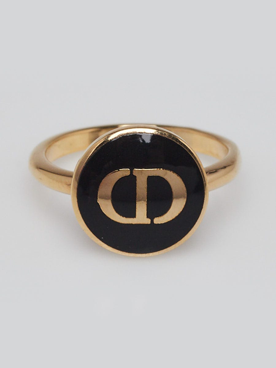 Christian Dior Black/Gold Enamel and Metal CD Logo Ring Size 5
