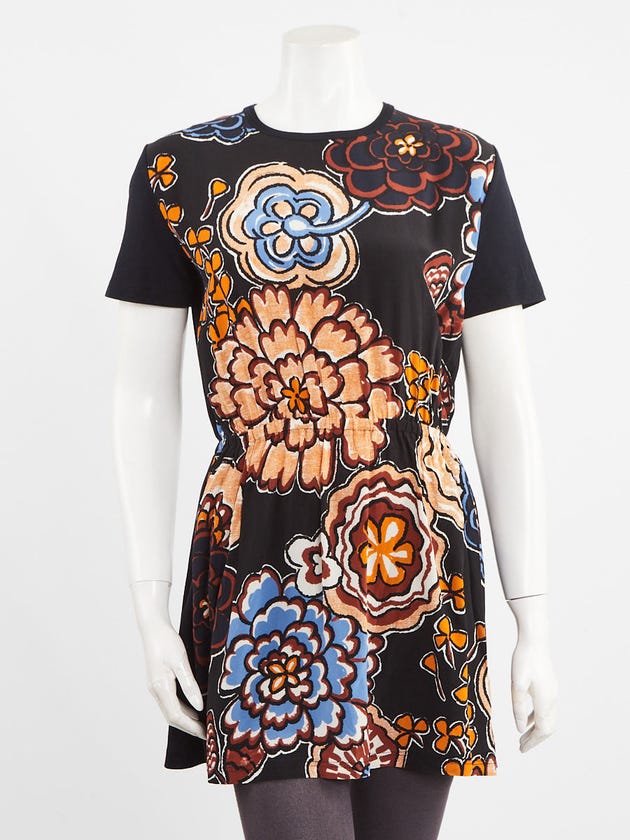 Louis Vuitton Black Floral Print Silk Fabric T-Shirt Mini Dress Size M