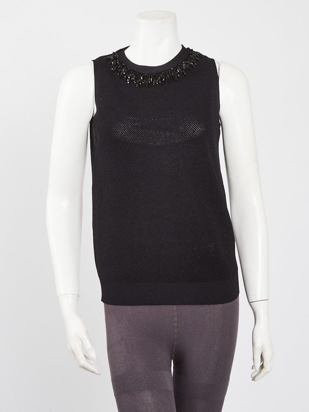 Louis Vuitton Black Woven Fabric Beaded Neck Sleeveless Top Size S