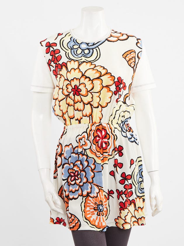 Louis Vuitton White Floral Print Silk Fabric T-Shirt Mini Dress Size M
