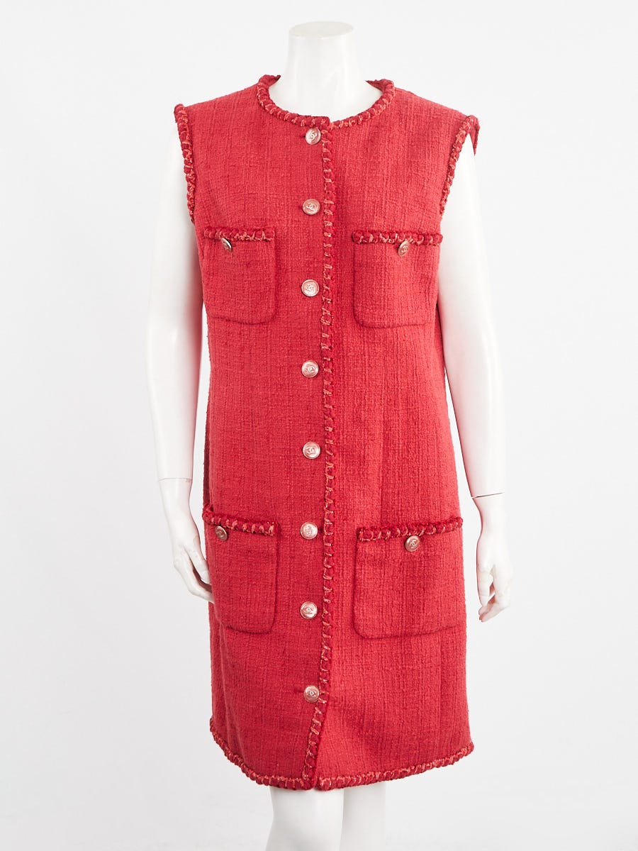 Chanel Red Cotton Tweed Sleeveless Shift Dress Size 14/46