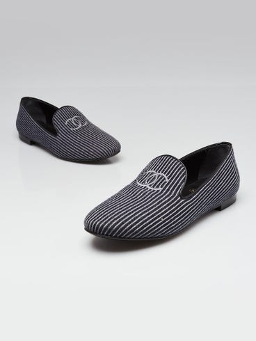 Chanel Grey/Dark Blue Striped Wool CC Moccasin Loafers Size 7/37.5