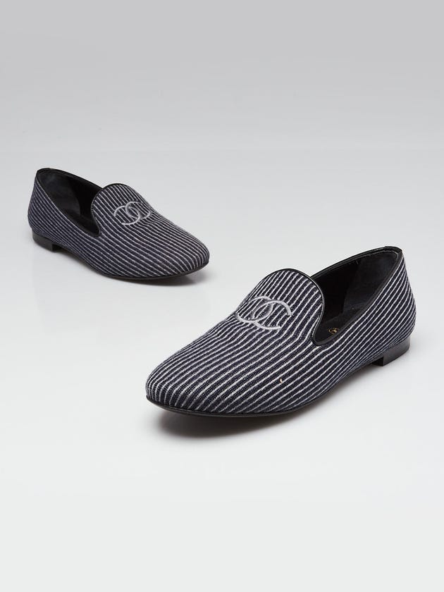 Chanel Grey/Dark Blue Striped Wool CC Moccasin Loafers Size 7/37.5
