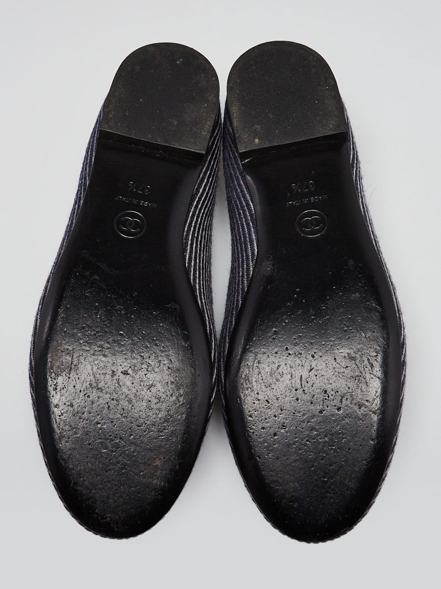Chanel Grey/Dark Blue Striped Wool CC Moccasin Loafers Size 7/37.5
