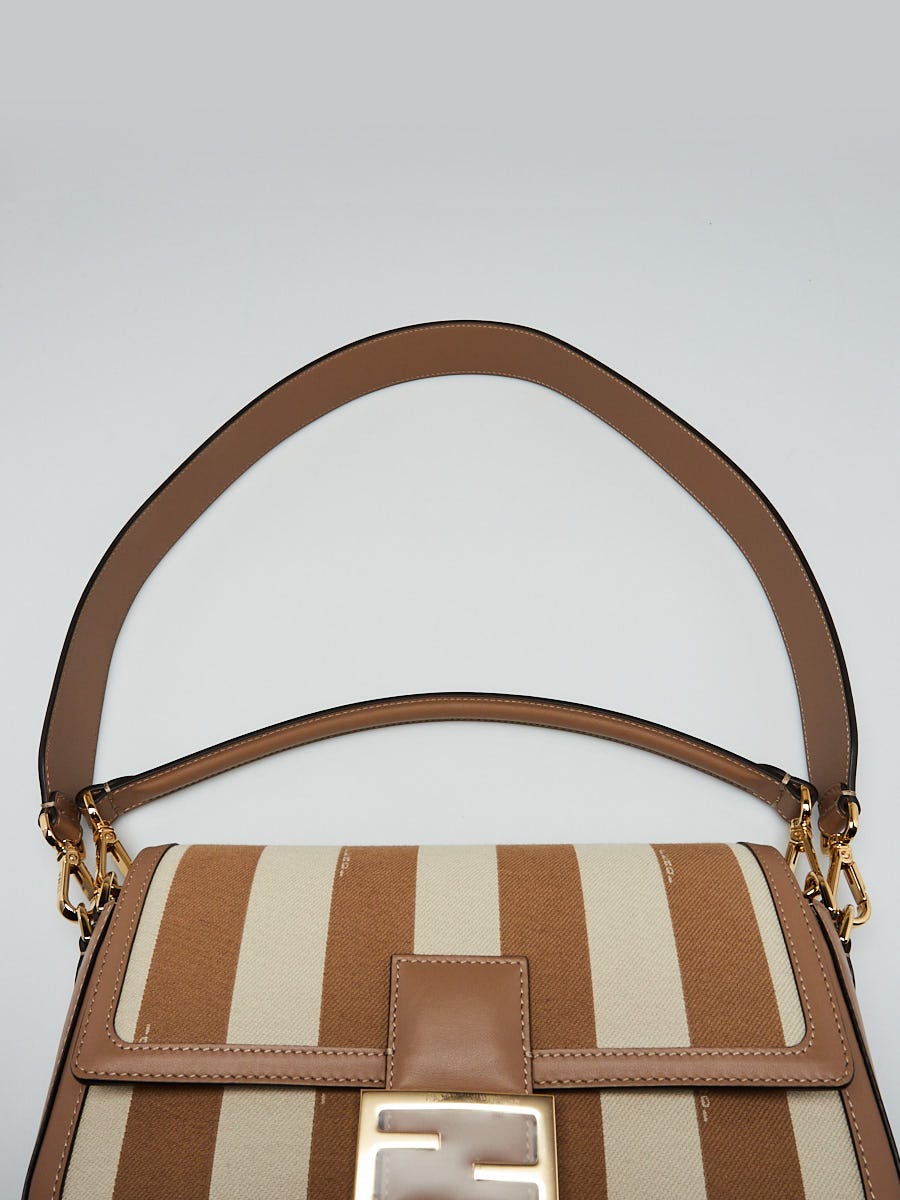 Fendi Brown/Beige Striped Canvas/Leather Medium Baguette Bag