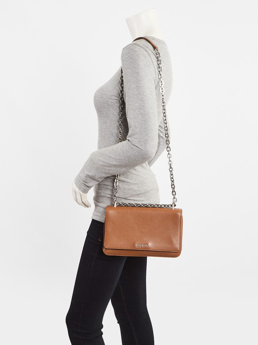 Prada Cognac City Calfskin Leather Chain Shoulder Bag 1BD009