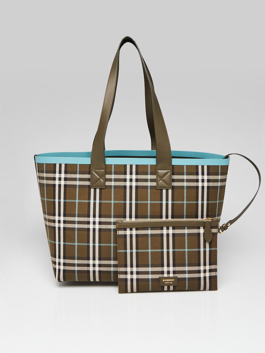 Burberry Olive Check Canvas Reversible London Medium Tote Bag