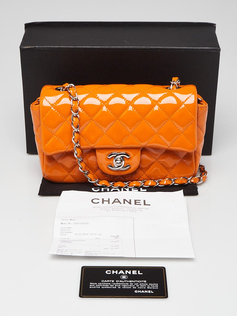 Chanel Orange Quilted Patent Leather Classic Rectangular Mini Flap