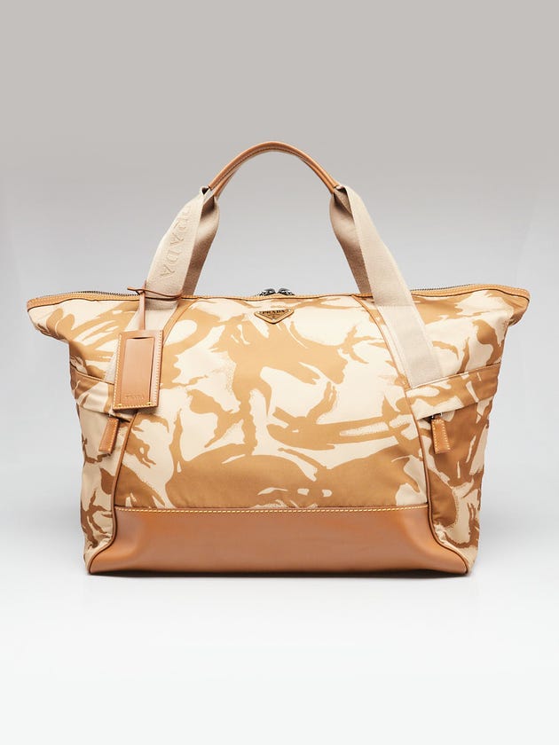 Prada Beige/Brown Camo Print Re-Nylon/Leather Duffle Bag