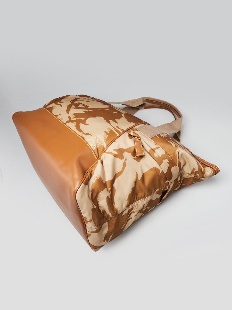Prada Beige/Brown Camo Print Re-Nylon/Leather Duffle Bag | Yoogi's