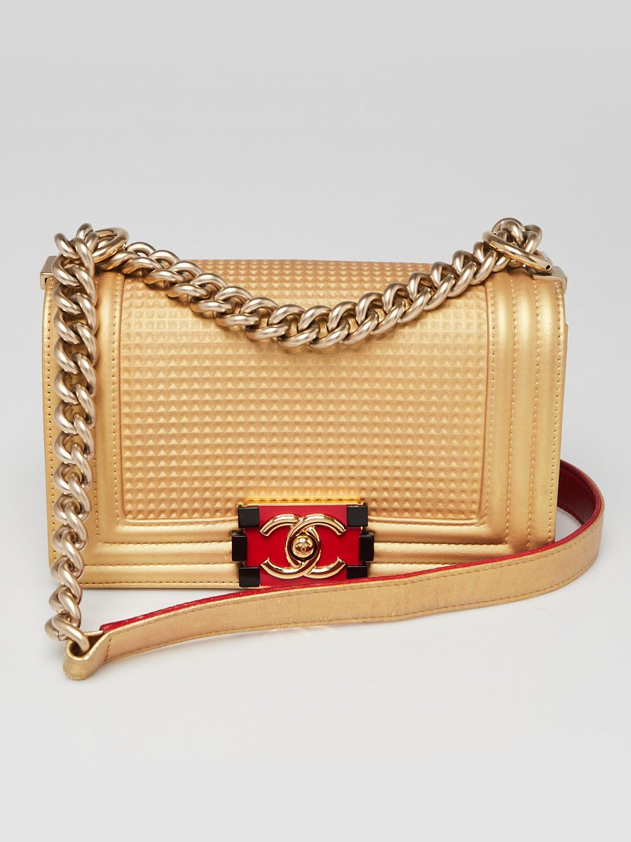 Chanel Metallic Gold Cube Embossed Lambskin Leather Small Boy Bag