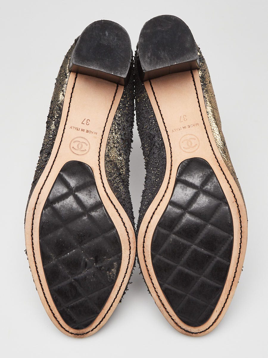 Chanel Black/Gold Leather Cap-Toe Elastic Ballet Pumps Size 6.5/37
