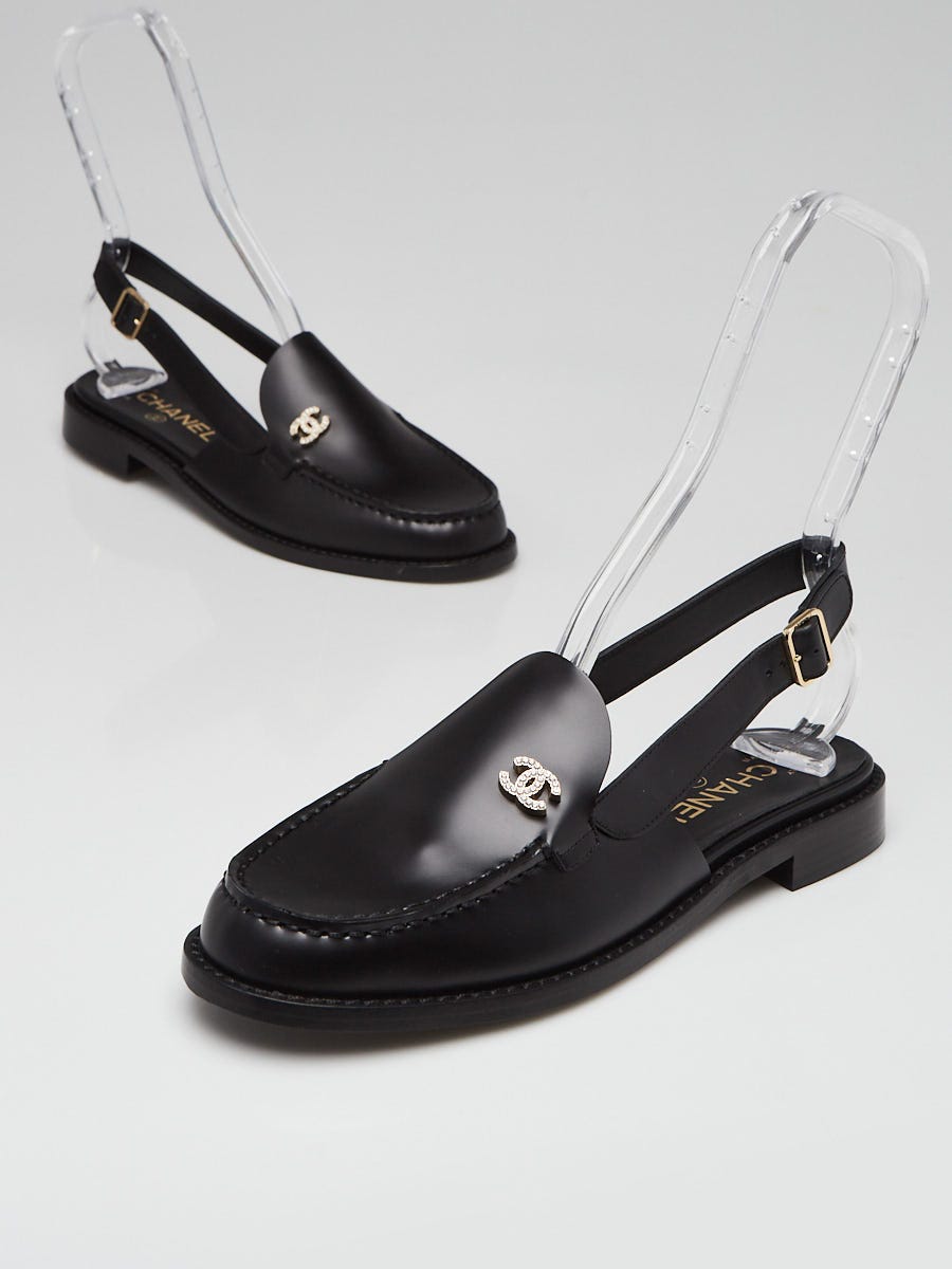 【新作入荷!!】 Black Chanel Leather 7.5/38 Size Flats Slingback Loafer CC 靴