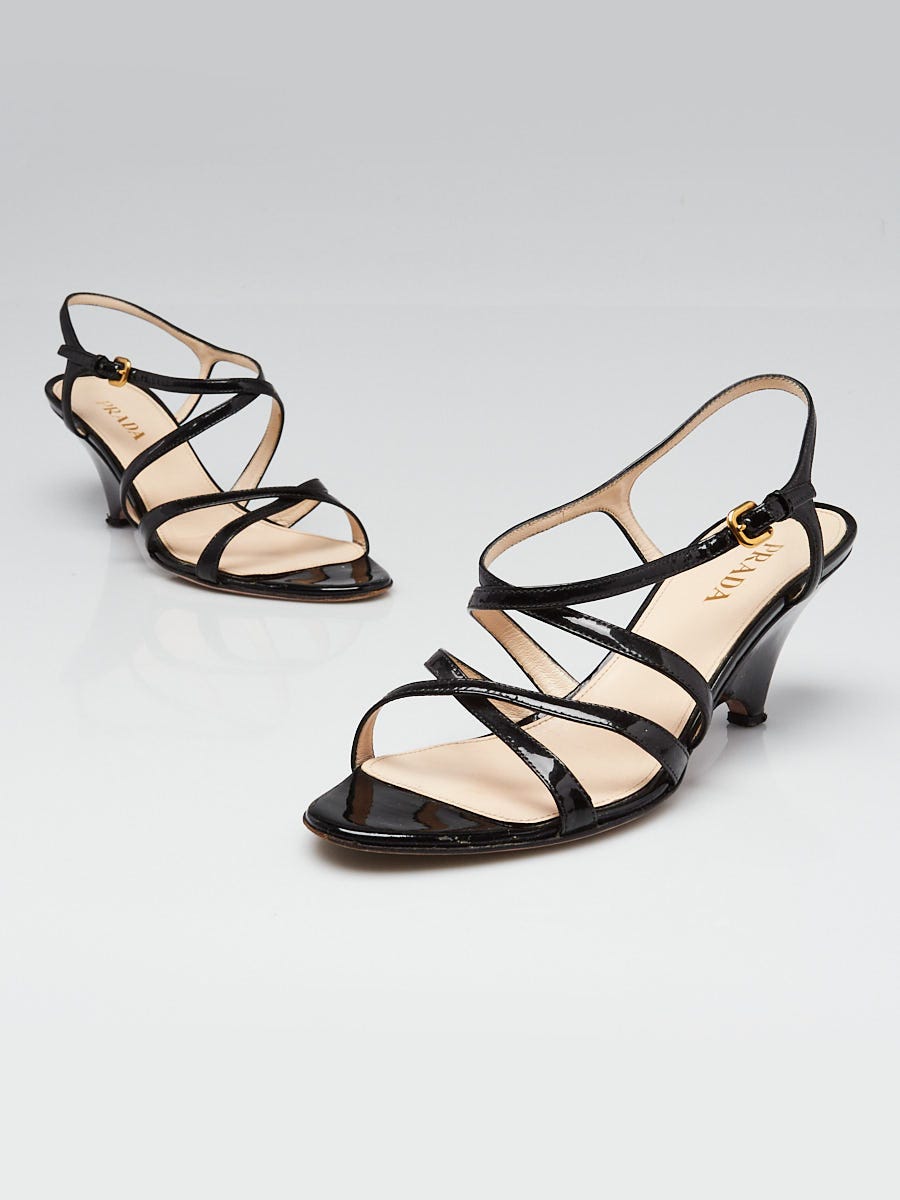 Prada Black Vitello Shine Strappy Leather Open-Toe Sandals Size