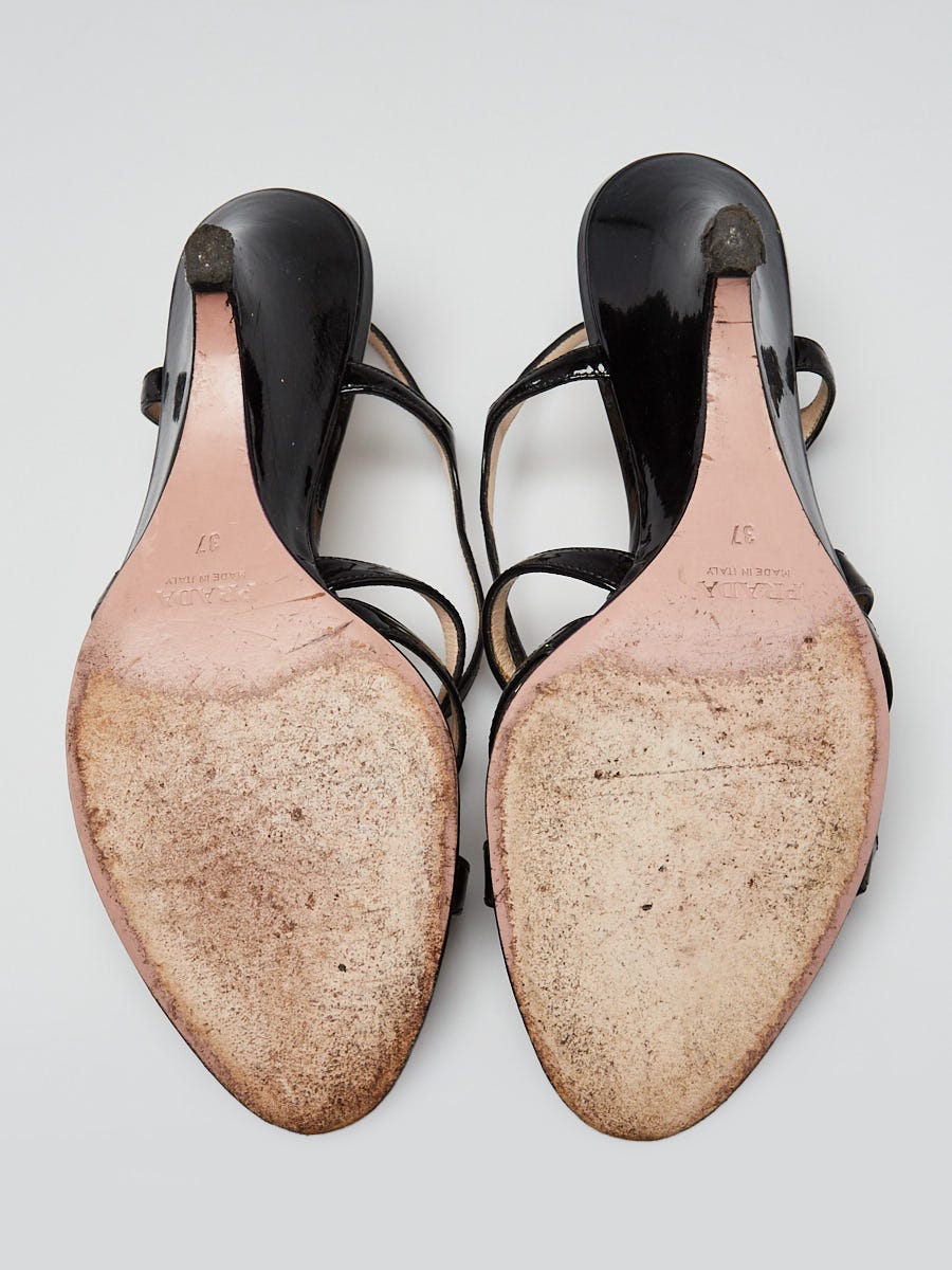 Prada Black Vitello Shine Strappy Leather Open-Toe Sandals Size 6.5/37