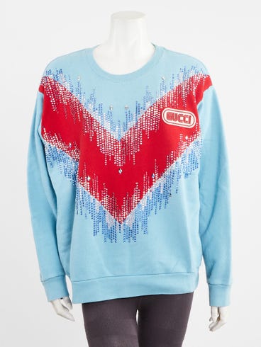 Gucci Blue/Red Cotton and Crystal Graphic Print Sweatshirt Size Small