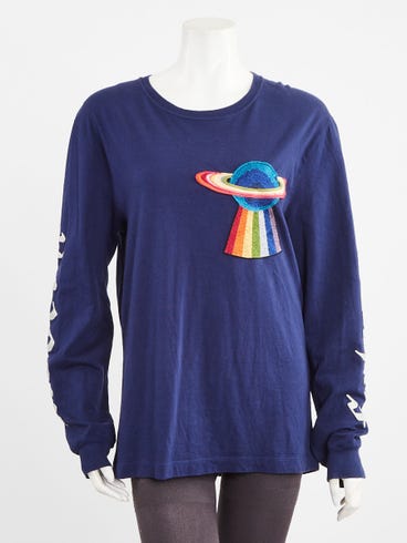 Gucci Blue Cotton Modern Future Embroidered Long Sleeve Shirt Size S