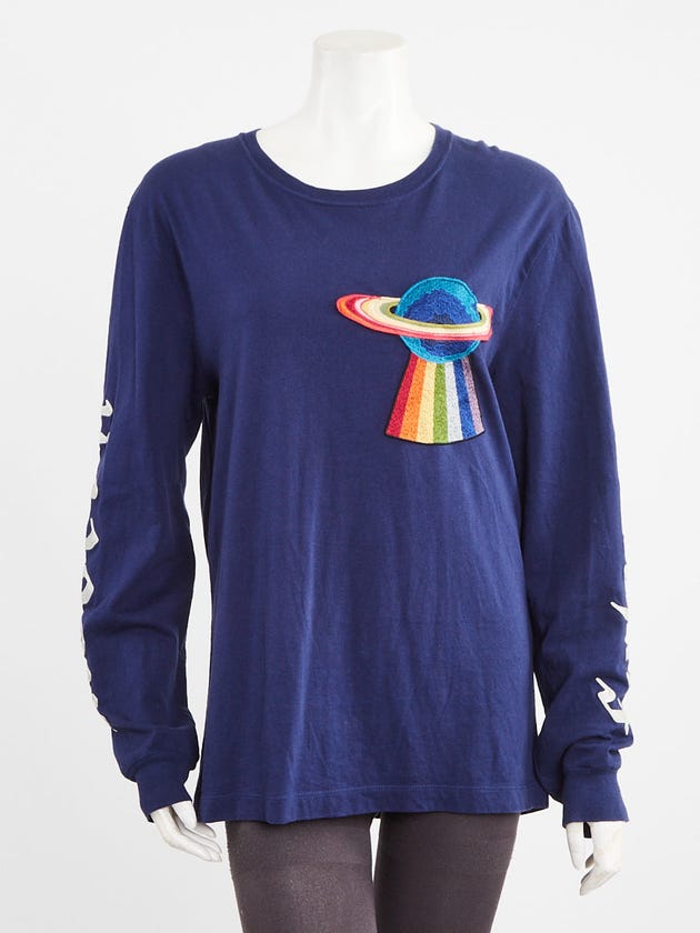 Gucci Blue Cotton Modern Future Embroidered Long Sleeve Shirt Size S