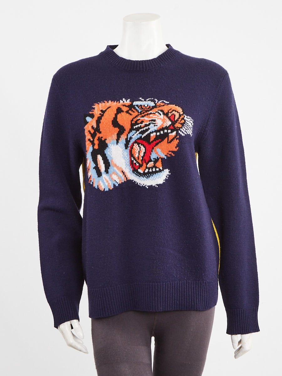 Gucci Blue/Yellow Wool Embroidered Tiger Sweater Size S