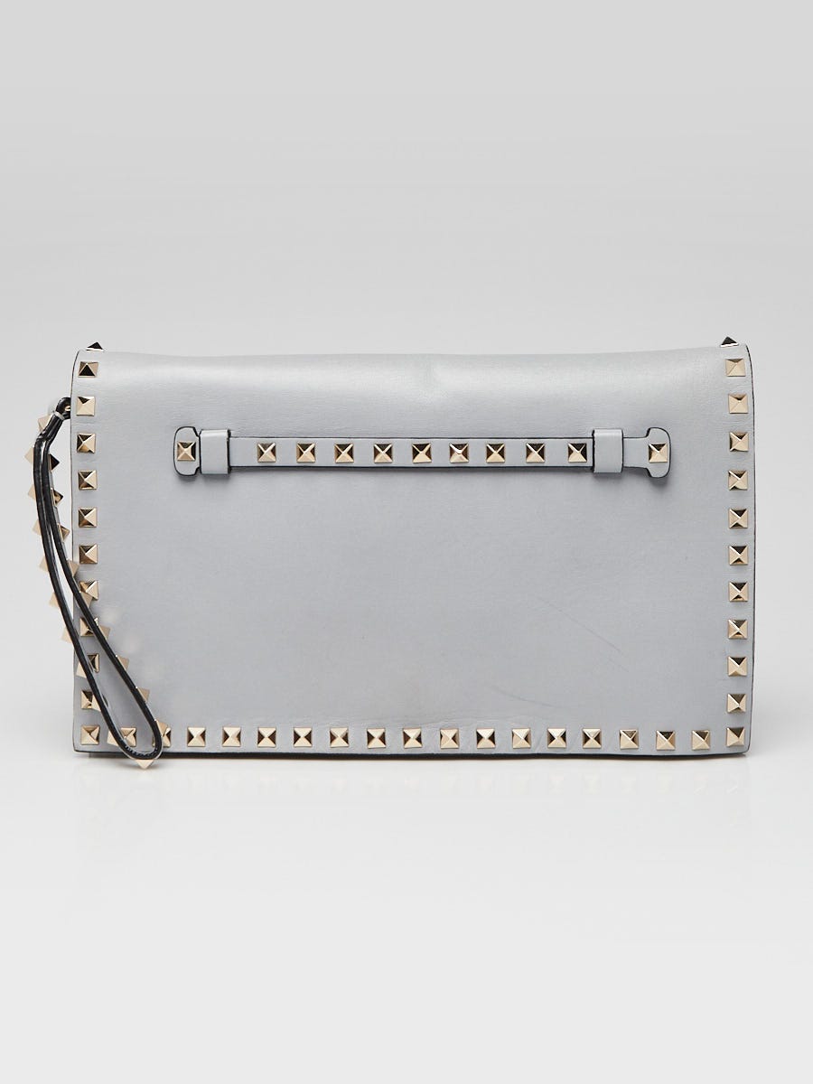Valentino Grey Lambskin Leather Rockstud Clutch Bag | Yoogi's Closet