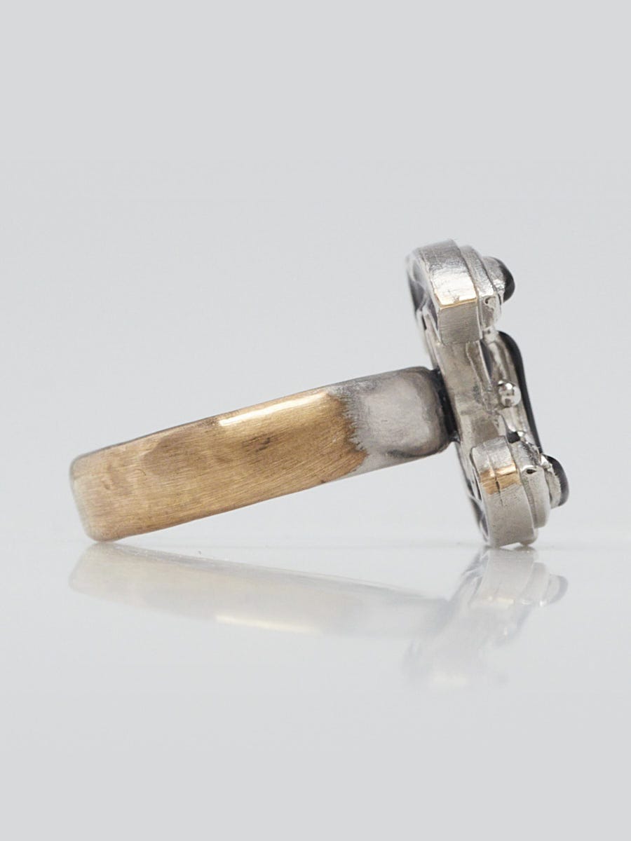 Chanel Silver Metal and Black Gripoix Poured Glass Ring Size 7.5