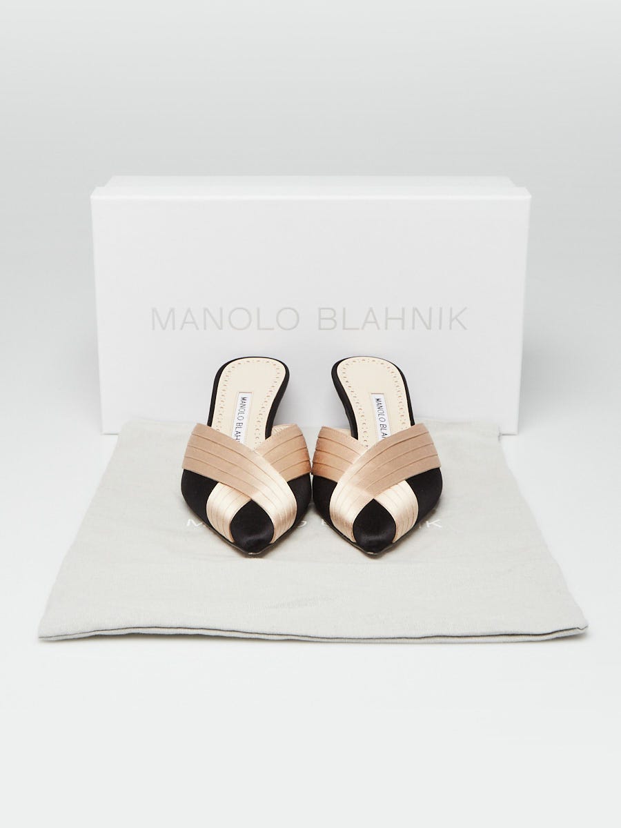 Manolo Blahnik Black/Gold Satin Vergamod 50 Mules Size 4.5/35