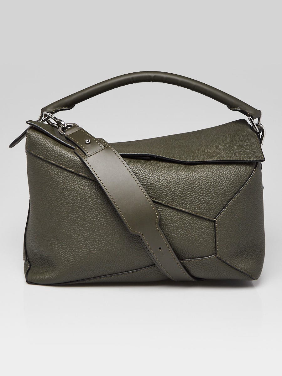 Loewe Dark Khaki Geen Pebbled Leather Large Puzzle Edge Bag