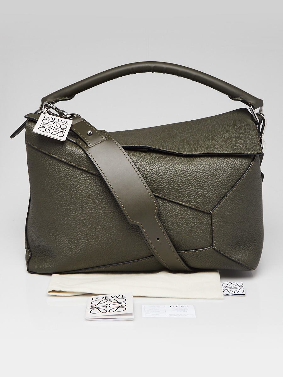 ロエベ LOEWE Loewe Dark Khaki Geen Pebbled Leather Large Puzzle Edge Bag