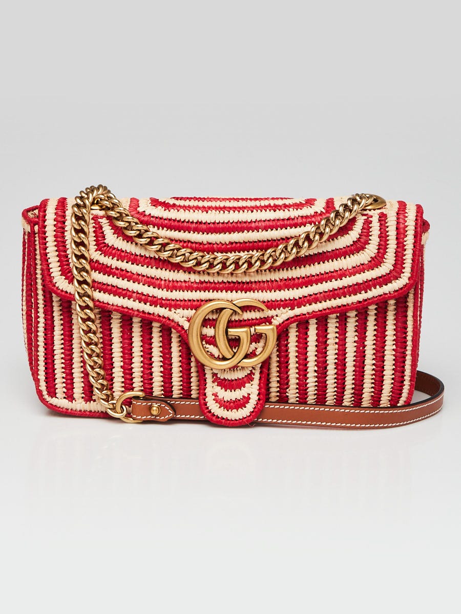 Gucci Red and Natural Raffia GG Marmont Small Shoulder Bag