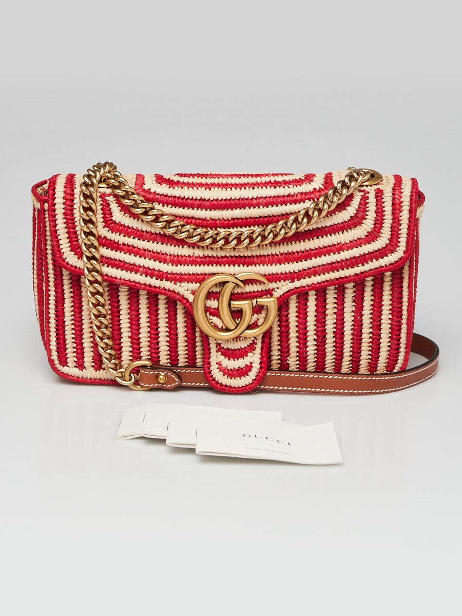 Gucci Red and Natural Raffia GG Marmont Small Shoulder Bag