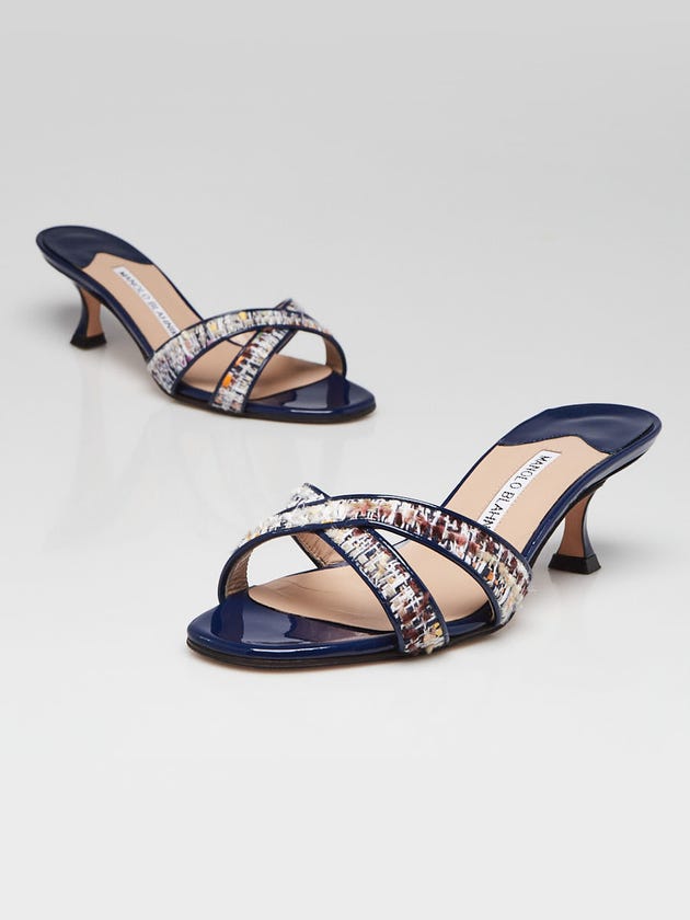 Manolo Blahnik Blue Patent Leather and Tweed Open Toe Kitten Heel Sandals Size 4.5/35