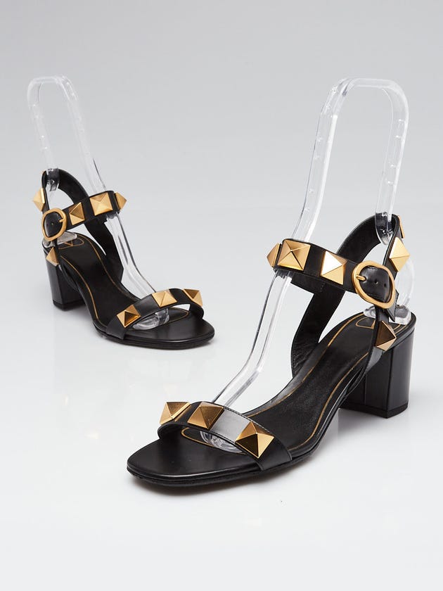 Valentino Black Leather Roman Stud Block Heel Sandals Size 9/39.5