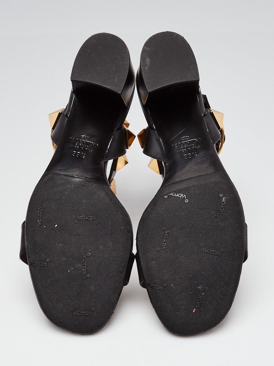 Valentino Black Leather Roman Stud Block Heel Sandals Size 9/39.5
