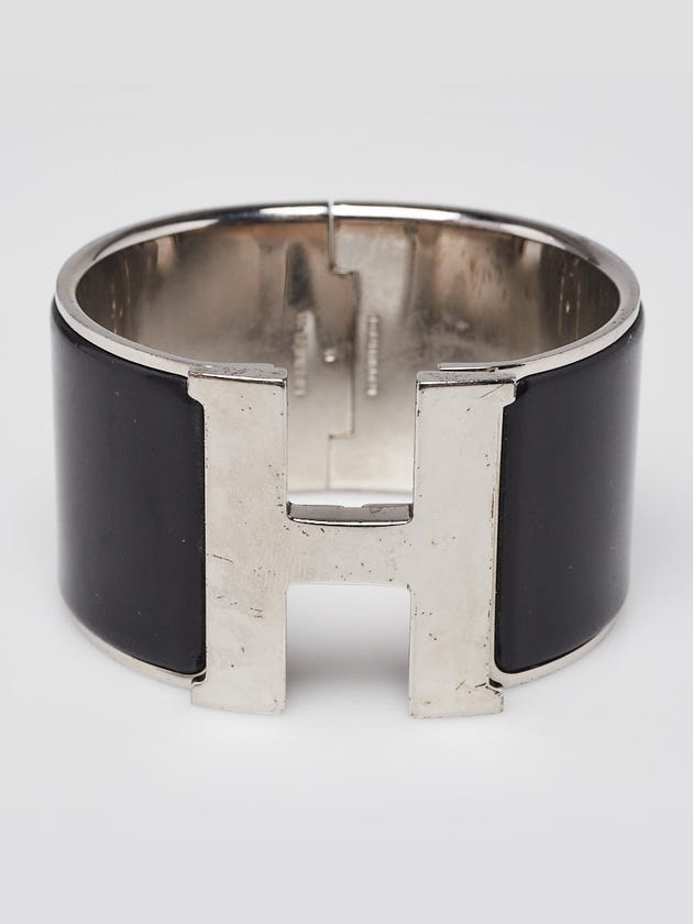 Hermes Black Enamel Palladium Plated Clic-Clac H PM Extra Wide Bracelet