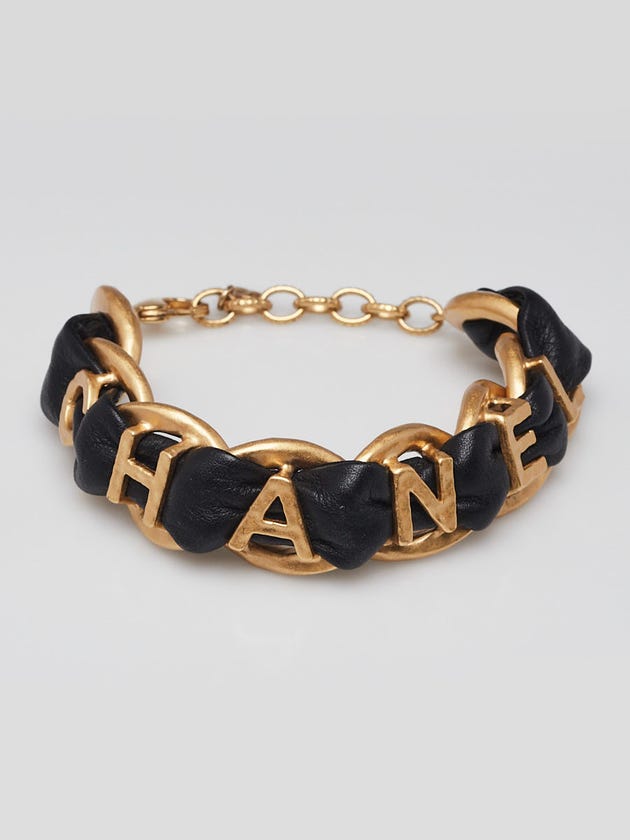 Chanel Goldtone Metal and Leather Logo Chain Bracelet