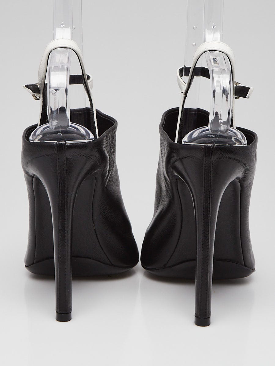 Balenciaga Black/White Leather Open-Toe Sling Back Mule